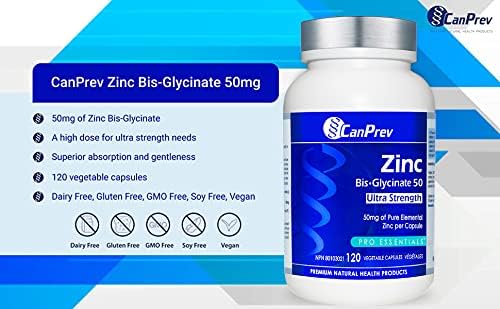 CanPrev Zinc Supplements, Zinc Bisglycinate Chelate, 50mg, 120 Capsules