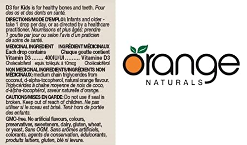 Orange Naturals - Gouttes de vitamine D3 - Saveur naturelle d'orange liquide - 400 UI pour enfants - 15 ml - Gouttes liquides de cholécalciférol vitamine D3 - Soutien pour la santé des os, des dents et du système immunitaire