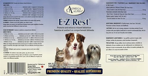 Favorise et Améliore le Comportement Relaxé des Animaux/Tonique Apaisant pour le Stress et l'Anxiété des Animaux - Omega Alpha E-Z Rest - 500ml