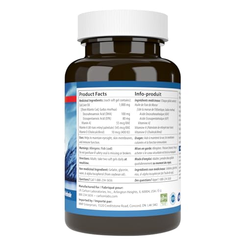 Carlson - Huile de foie de morue, Super 1000 mg, 250 mg Oméga-3 + Vitamines A et D3, Huile de foie de morue arctique norvégienne sauvage, approvisionnement durable