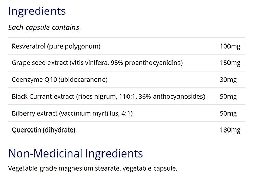 CanPrev Resvera-Pro Resvératrol, 60 capsules végétales Approvisionnement de 60 jours - Végane, sans OGM et sans gluten - Coenzyme Q10 - 100mg de resvératrol avec quercétine, pépins de raisin, cassis et myrtille - Un mélange d'antioxydants