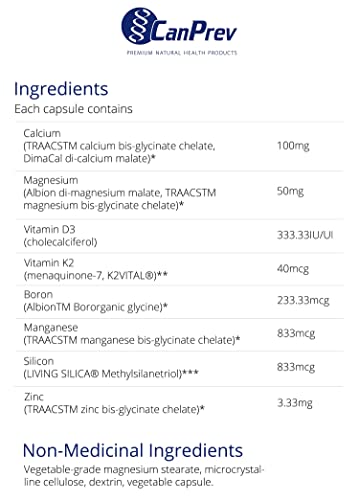 CanPrev Healthy Bones - Cal-Mag Chélaté 2:1, Oligo-éléments Essentiels, Vitamine D3 Végétalienne & K2 Sans Soja | Aide à Construire des Os et des Dents Solides | Produits de Santé Naturels de Première Qualité
