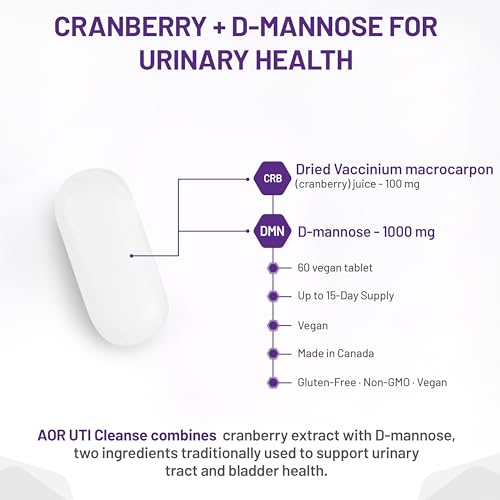 AOR - UTI Cleanse, 120 comprimés - Jus de canneberge avec supplément de D-Mannose - D-Mannose pour la santé des voies urinaires - Extrait de jus de canneberge séchée Vaccinium Macrocarpon