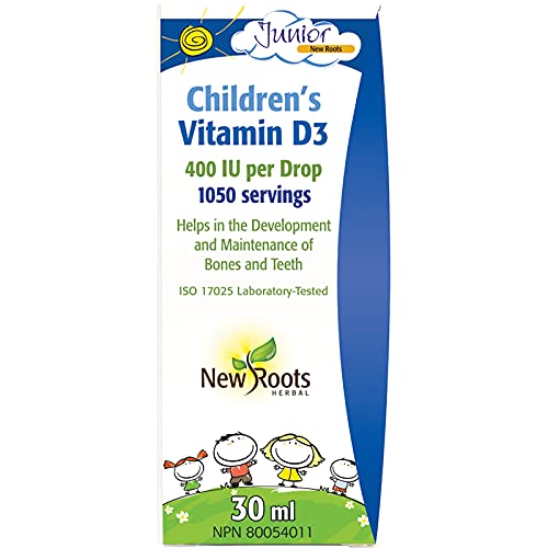 New Roots Herbal Vitamine D3 pour enfants 400 UI en gouttes liquides, 30 ml, 1050 portions, vitamine D quotidienne pour enfants et adultes, aide à maintenir des os solides et le bien-être général, sans OGM, sans sucre et facile à utiliser