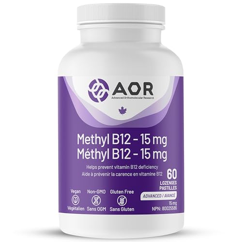 AOR - Méthyl B12, 60 pastilles - Vitamine B12 Méthylcobalamine - Complément favorisant la santé nerveuse - Supplément végétalien de B12 - Aide à prévenir la carence en vitamine B12 - Capsules de B12 méthylée