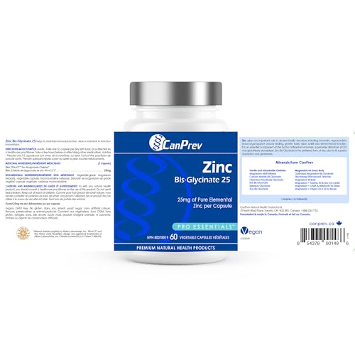 CanPrev Zinc Bis-Glycinate 25mg de zinc élémentaire pur par capsule - Produits de Santé Naturels