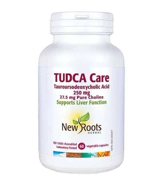 New Roots Herbal TUDCA Care 60 gélules végétales, pour 30 jours – Acide tauroursodésoxycholique 250 mg avec 27,5 mg de choline – Soutient la fonction hépatique, la circulation biliaire saine et le métabolisme des graisses – Fabriqué au Canada, sans OGM