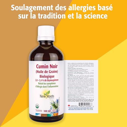 New Roots Herbal - Huile de cumin noir - Huile de graines de nigelle bio pressée à froid - Soulage les éternuements, les démangeaisons oculaires, le nez bouché et la congestion nasale
