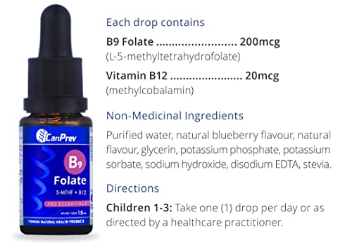 CANPREV - B9 Folate 200mcg avec Vitamine B12 20mcg, Gouttes 15ml 450 Portions - Saveur Naturelle de Myrtille - Favorise l'Énergie et la Vitalité - Absorption Améliorée des Nutriments - Végétalien, Sans OGM et Sans Gluten