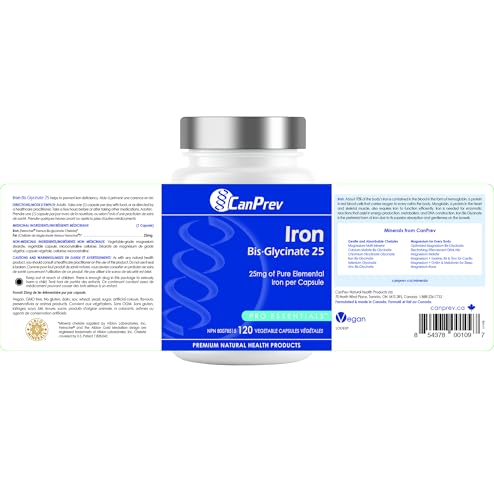 CanPrev Fer Bisglycinate 25, 120 gélules végétales — Approvisionnement de 120 jours — Supplément de fer chélaté végétalien et sans OGM — 25 mg de fer élémentaire pur — Conçu pour le confort et la facilité digestive — Favorise une absorption efficace