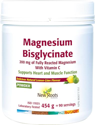 New Roots Herbal - Bisglycinate de magnésium en poudre, boisson aromatisée au citron vert - Glycinate de magnésium pur avec vitamine C pour le sommeil, la santé cardiaque, la fonction musculaire, les os et le métabolisme