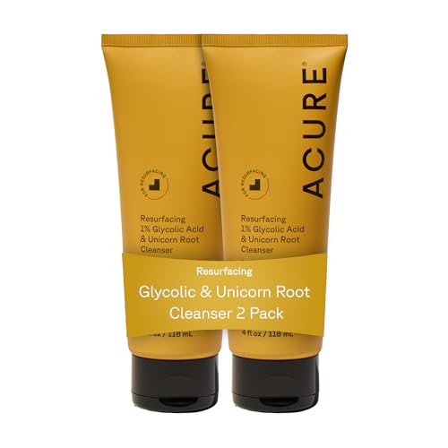 Acure Resurfacing 1% Glycolic Acid & Unicorn Root Cleanser - Exfoliating Face Wash, Glycolic Acid Cleanser for Face, Brightening Anti Aging Cream to Foam Facial Cleanser, Sulfate Free, Vegan