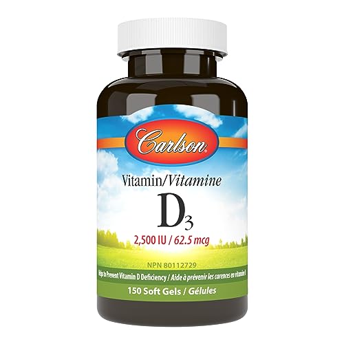 Carlson - Vitamine D3, 2500 UI (62,5 mcg), Cholecalciférol, Suppléments de vitamine D, Capsules molles de vitamine D3