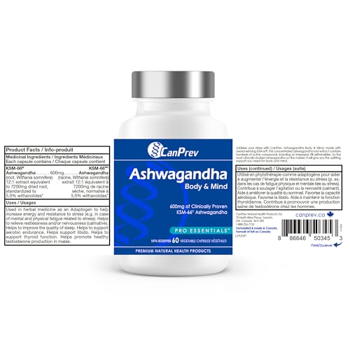 CanPrev Ashwagandha 600mg Végane 60 Gélules Fourniture de 60 Jours - Végane et Sans OGM - Formule Bio KSM-66 pour une Relaxation & Énergie Améliorées, un Soutien au Sommeil, une Amélioration de la Mémoire - Supplément pour la Gestion du Poids