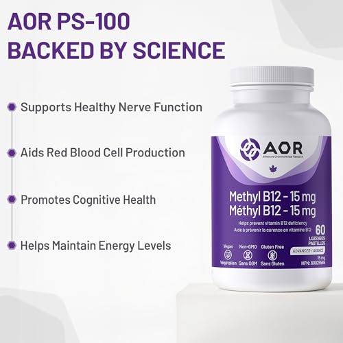 AOR - Méthyl B12, 60 pastilles - Vitamine B12 Méthylcobalamine - Complément favorisant la santé nerveuse - Supplément végétalien de B12 - Aide à prévenir la carence en vitamine B12 - Capsules de B12 méthylée