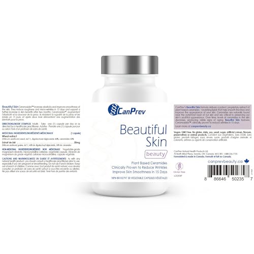 CanPrev Belle Peau Beauté, 30 gélules végétaliennes, Cure de 30 jours - Céramides végétaux - Améliore la douceur, réduit les rides et soutient l'hydratation - Soin du visage et complément pour une peau nette