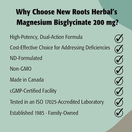 New Roots Herbal Bisglycinate de Magnésium, 120 Capsules Fourniture de 120 Jours - Magnésium Élémentaire de 200mg pour le Sommeil, le Cœur, la Fonction Musculaire, l'Équilibre Électrolytique et la Santé Osseuse - Doux pour l'Estomac - Sans OGM