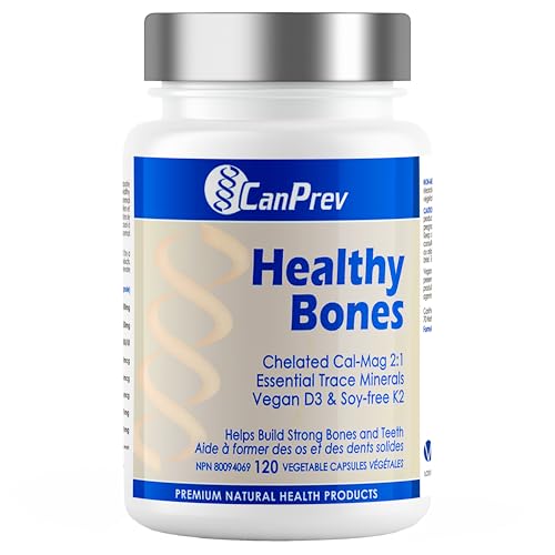 CanPrev Healthy Bones - Cal-Mag Chélaté 2:1, Oligo-éléments Essentiels, Vitamine D3 Végétalienne & K2 Sans Soja | Aide à Construire des Os et des Dents Solides | Produits de Santé Naturels de Première Qualité