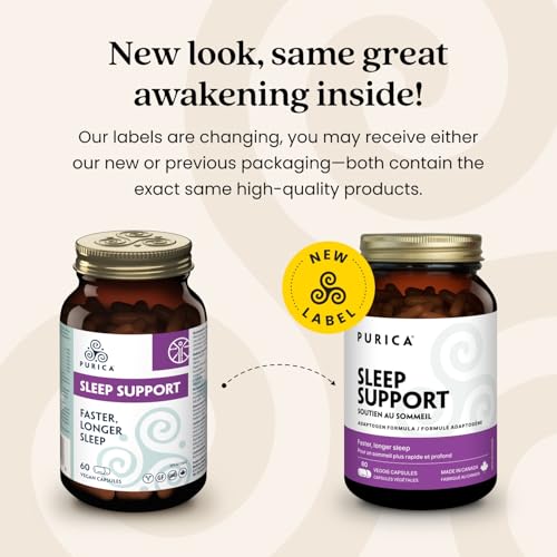 PURICA Sommeil Paisible, Aide à Favoriser des Nuits Reposantes et un Voyage Facile, Contient des Champignons Reishi Rouges, de l'Ashwagandha Biologique et de la Mélatonine, Formule Sans Gluten et Sans OGM