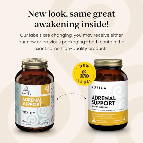 PURICA - Soutien surrénalien Vitality, 60 capsules végétaliennes, cure de 30 jours – Redonne de l'énergie pour calmer l'esprit – Réduit le cortisol, renforce la santé cardiovasculaire et fournit des antioxydants pour le bien-être général