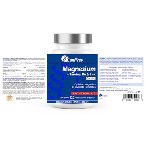 CanPrev Magnésium + Taurine, B6 et Zinc, 120 V-Caps, pour 30 jours – Formule de bisglycinate de magnésium pur, soutien de la fonction cardiaque et de la relaxation, supplément de taurine pour le calme et la vitalité – Convient aux végétaliens