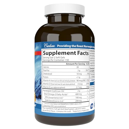 Carlson - Cod Liver Oil Gems, Low Vitamin A, 920 mg Omega-3s + Vitamin D3, Norwegian, Sustainably Sourced