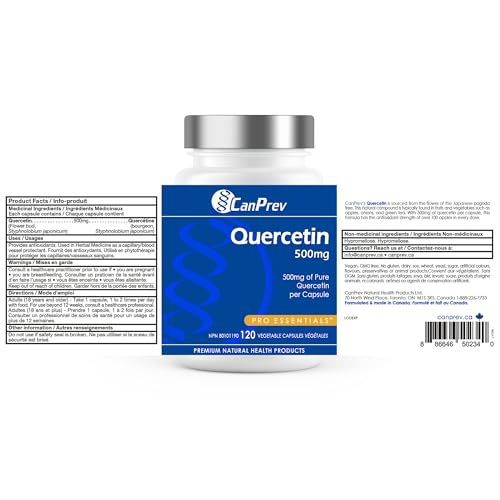 CanPrev Quercétine, 120 gélules végétales – 120 jours d'approvisionnement – Végétalien et sans OGM – 500 mg de quercétine pure – Favorise une circulation saine et le confort pendant les changements de saison – Riche en propriétés antioxydantes