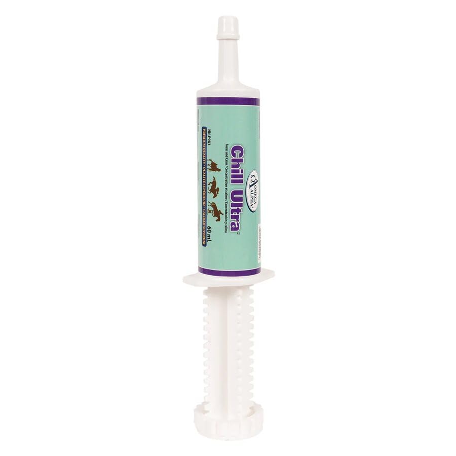 Omega Alpha Chill Ultra Pâte pour Chevaux 60 mL, Seringue à Dose Unique, Soutien Équin pour la Concentration, le Calme et la Préparation Musculaire Pendant les Événements et les Voyages