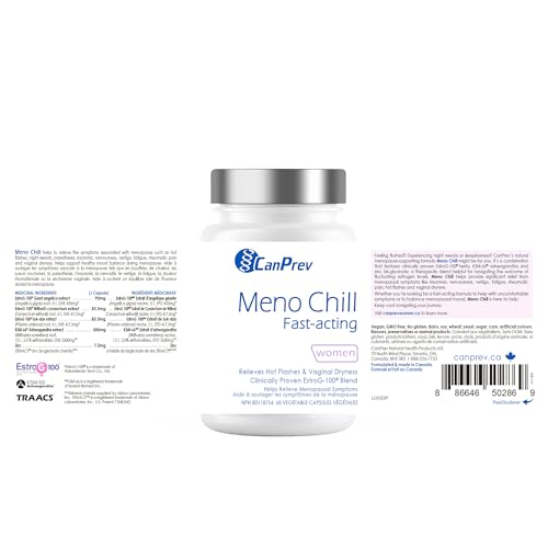 CanPrev Meno Chill Fast-Acting Menopause Supplement for Women, 60 V-Caps 30-Day Supply - Support for Hot Flashes & Hormone Balance, EstroG-100, KSM-66 Ashwagandha for Daily Vitality and Skin Support