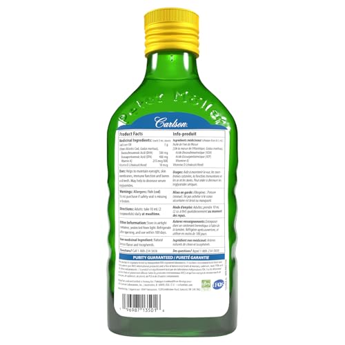 Carlson - Huile de foie de morue, 1100 mg d'oméga-3 + A et D3, huile de foie de morue arctique norvégienne sauvage, huile de poisson nordique liquide issue de la pêche durable
