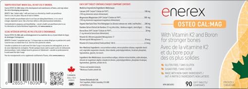 ENEREX - Ostéo Cal:Mag - Sans gluten et sans produits laitiers - Contribue au développement et au maintien des os - Calcium, magnésium, chou frisé cru biologique, extrait de bambou, bore, vitamine K2 et D3