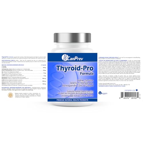 CanPrev Formule Thyro-Pro, 60 capsules végétaliennes, 30 jours – Mélange de nutriments et d'herbes – Soutient la fonction thyroïdienne et prévient les carences en fer – Sans produits laitiers, sans gluten, sans OGM et sans soja