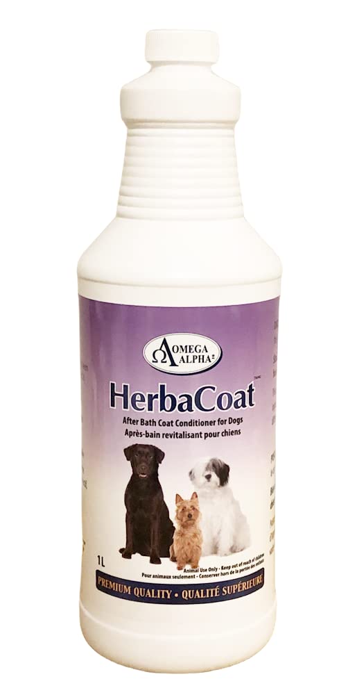 Omega Alpha HerbaCoat Spray revitalisant pour chiens 1L, Revitalisant hydratant pour pelage d'animaux avec huiles de lavande, de neem et de tournesol, adoucit, hydrate et améliore la brillance