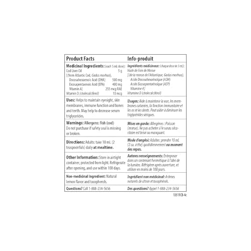 Carlson - Huile de foie de morue, 1100 mg d'oméga-3 + A et D3, huile de foie de morue arctique norvégienne sauvage, huile de poisson nordique liquide issue de la pêche durable