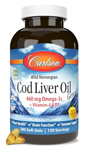 Carlson - Cod Liver Oil Gems, Low Vitamin A, 920 mg Omega-3s + Vitamin D3, Norwegian, Sustainably Sourced