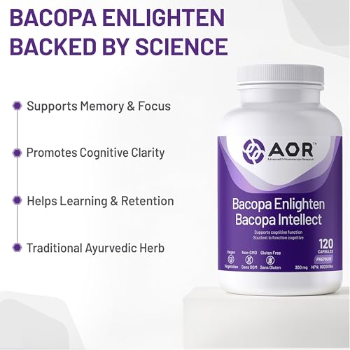 AOR Bacopa Enlighten 300mg - Supplément végétalien et sans gluten pour le soutien cognitif, la clarté mentale et la relaxation, extrait de Bacopa Monnieri, favorise la concentration et un sommeil réparateur