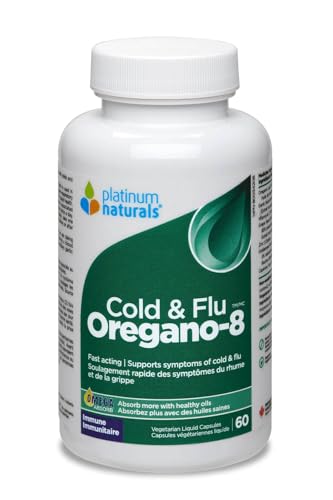 Platinum Naturals Oregano-8 Soutien contre le rhume et la grippe - avec vitamine C (acide ascorbique), ail, pépins de raisin et hydraste - Mélange d'huile d'origan biologique - Supplément pour le cholestérol et antioxydant