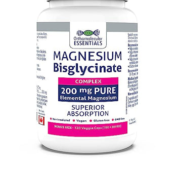 Orthomolecular Essentials – Complexe de bisglycinate de magnésium 200 mg, gélules végétaliennes – Magnésium élémentaire pour le sommeil, la santé osseuse et la fonction nerveuse – Sans OGM et sans gluten