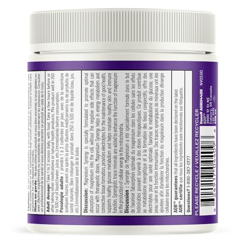 AOR Magnésium Synergy Poudre 208g 30 portions - Supplément de Magnésium Végétalien pour Hommes et Femmes - Soutient la Santé des Os, un Sommeil Réparateur et la Relaxation Musculaire - Facile à mélanger, Goût Citron sans Sucre, sans Gluten