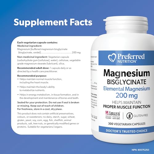 Preferred Nutrition Magnesium Bisglycinate 200 mg, Veg Caps, Elemental Magnesium, Maintains Proper Muscle Function, Proudly Canadian