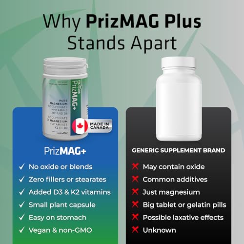 PrizMAG Magnesium Bisglycinate - Chelated Form for High Absorption, with Added Vitamin D3 & K2, Capsules for Bone & Muscle Support - No Fillers or GMOs | Made in Canada