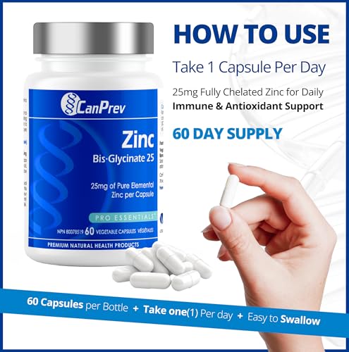 CanPrev Zinc Bis-Glycinate 25mg de zinc élémentaire pur par capsule - Produits de Santé Naturels