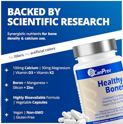 CanPrev Healthy Bones - Cal-Mag Chélaté 2:1, Oligo-éléments Essentiels, Vitamine D3 Végétalienne & K2 Sans Soja | Aide à Construire des Os et des Dents Solides | Produits de Santé Naturels de Première Qualité