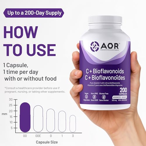 AOR - C+ Bioflavonoïdes 925 mg, 100 capsules - Supplément de vitamine C acide ascorbique avec bioflavonoïdes d'agrumes - Soutien cérébral, santé cardiaque, soutien immunitaire, santé vasculaire et cicatrisation des plaies
