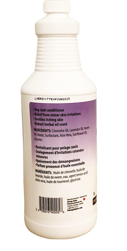 Omega Alpha HerbaCoat Dog Conditioner Spray 1L, Moisturizing Pet Coat Conditioner with Lavender Neem & Sunflower Oils, Softens Hydrates & Enhances Shine