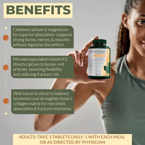 ENEREX - Ostéo Cal:Mag - Sans gluten et sans produits laitiers - Contribue au développement et au maintien des os - Calcium, magnésium, chou frisé cru biologique, extrait de bambou, bore, vitamine K2 et D3