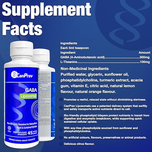 CanPrev - GABA Liposomal, 225 ml Liquide 45 Portions, Saveur Agrumes - GABA avec L-Théanine pour la Clarté Mentale et la Relaxation, la Sérénité, le Soutien au Sommeil, la Santé Cérébrale - Végétalien, Sans OGM et Sans Gluten