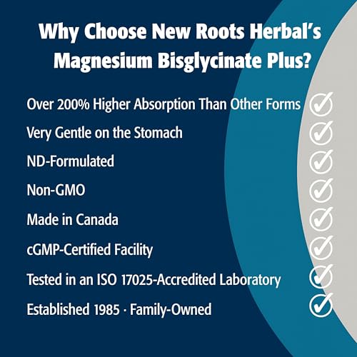 New Roots Herbal Bisglycinate de magnésium Plus, 60 capsules végétales pour 30 jours - 150 mg de magnésium élémentaire, favorise un mode de vie actif, sans OGM, sans gluten, doux pour la digestion avec une absorption supérieure