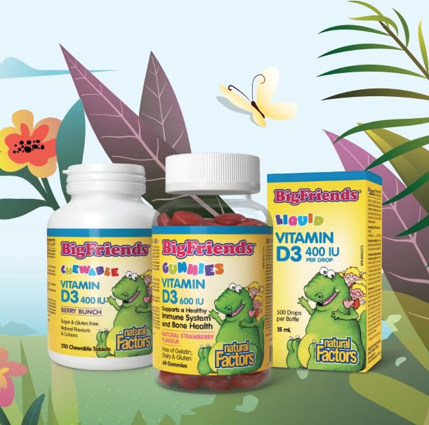 Natural Factors Big Friends KIDS Vitamin D3 400 IU, 250 Chewable Tablets, Berry Bunch, Allergen-Free, Sugar Free, Supports Healthy Immune System & Bone Health, Proudly Canadian