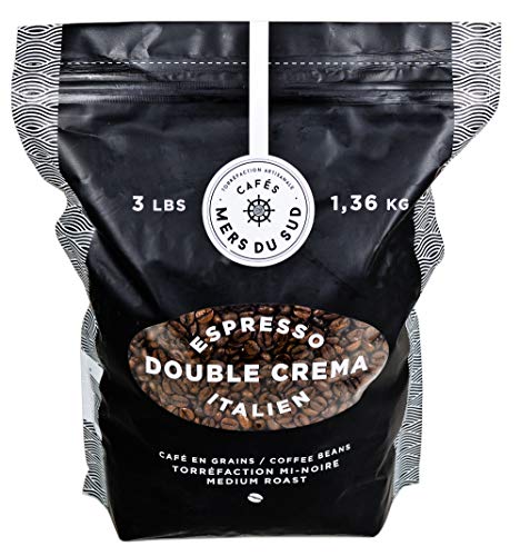 Cafés Mers du Sud - Grains de café entiers pour expresso 1,36 kg (3 livres) - Torréfaction moyenne - Expresso Double Crema Italien - Grains de café torréfaction moyenne - Sachet refermable